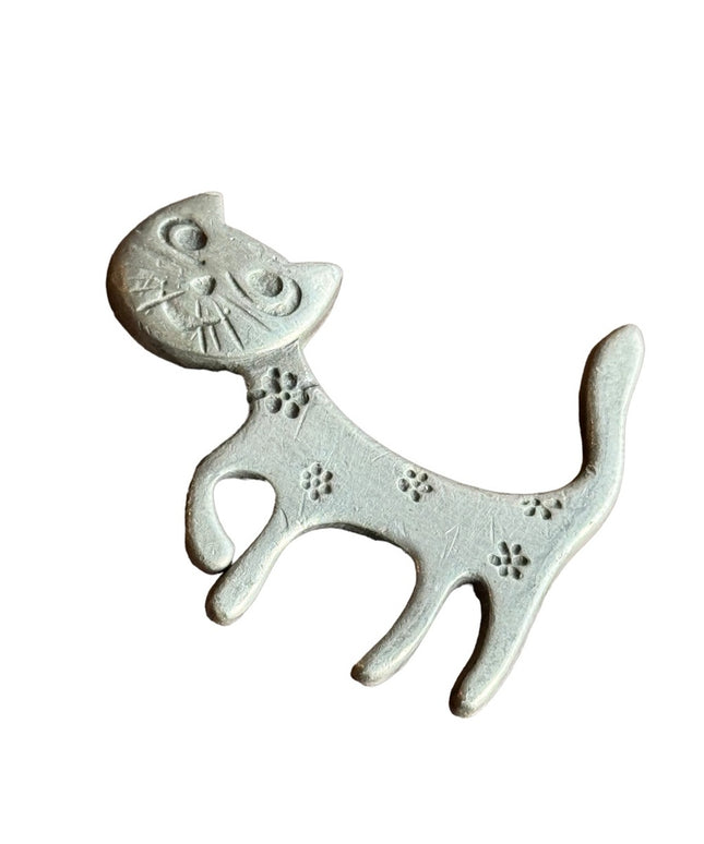 Vintage Pewter Cat Kitty Pin Brooch R Tennesmed Sweden Daisies Whisker MCM