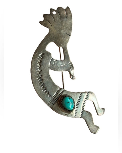 Vintage Native American Navajo Sterling Silver & Turquoise Kokopelli Pin Brooch