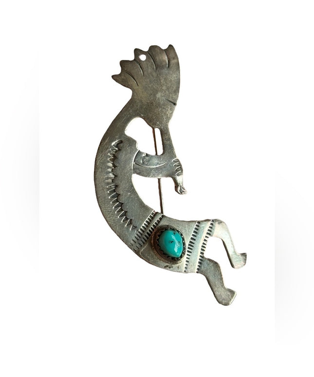 Vintage Native American Navajo Sterling Silver & Turquoise Kokopelli Pin Brooch