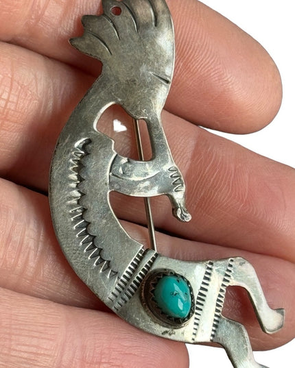 Vintage Native American Navajo Sterling Silver & Turquoise Kokopelli Pin Brooch