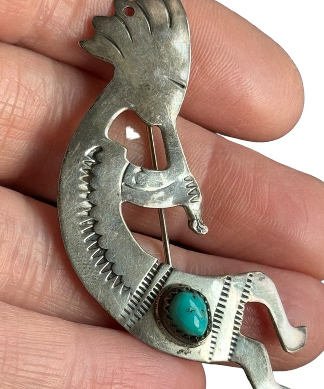 Vintage Native American Navajo Sterling Silver & Turquoise Kokopelli Pin Brooch