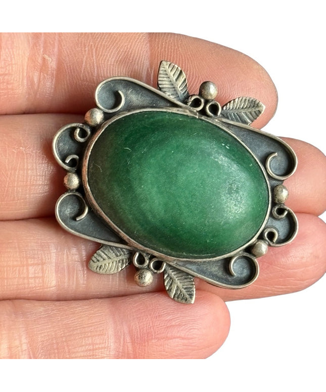 Vintage Mexico IMP SA Sterling Silver 925 Malachite fancy scrolled brooch 1950s