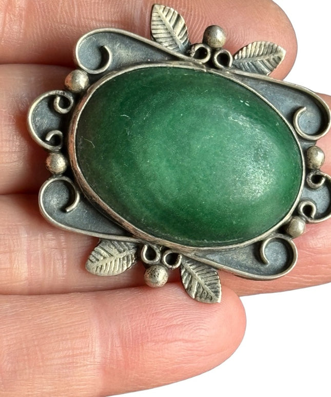 Vintage Mexico IMP SA Sterling Silver 925 Malachite fancy scrolled brooch 1950s