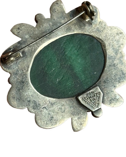 Vintage Mexico IMP SA Sterling Silver 925 Malachite fancy scrolled brooch 1950s