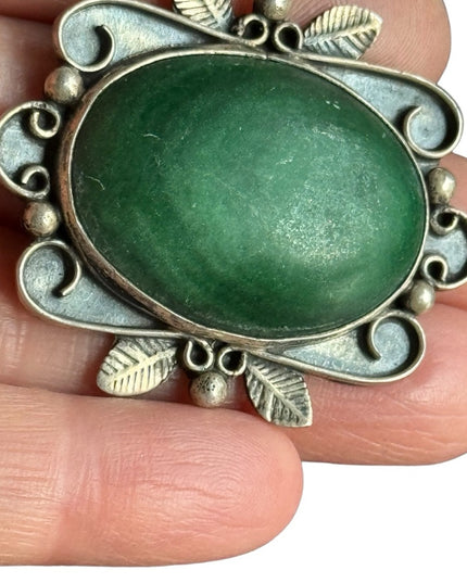 Vintage Mexico IMP SA Sterling Silver 925 Malachite fancy scrolled brooch 1950s