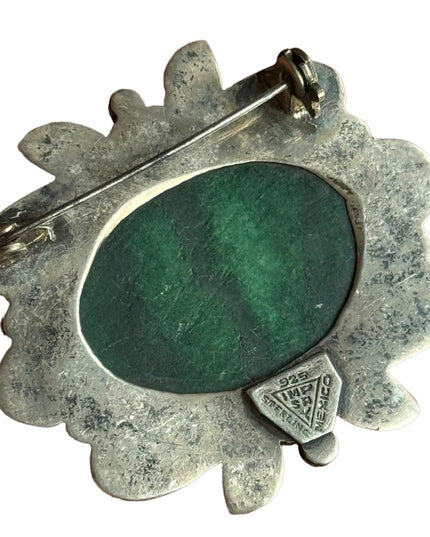 Vintage Mexico IMP SA Sterling Silver 925 Malachite fancy scrolled brooch 1950s