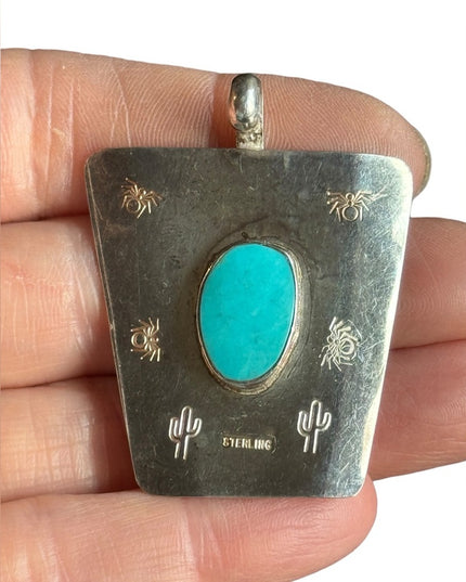 Vintage 1970s handmade sterling silver southwestern turquoise large pendant