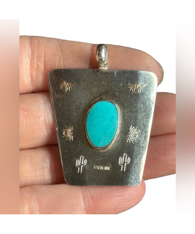 Vintage 1970s handmade sterling silver southwestern turquoise large pendant