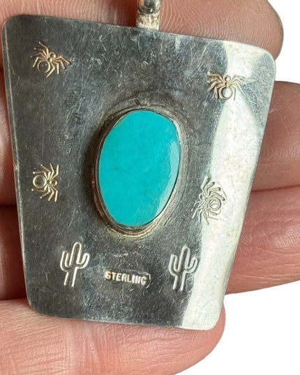 Vintage 1970s handmade sterling silver southwestern turquoise large pendant