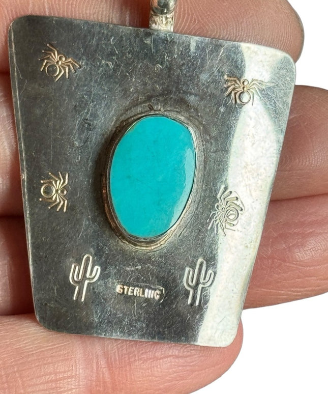 Vintage 1970s handmade sterling silver southwestern turquoise large pendant