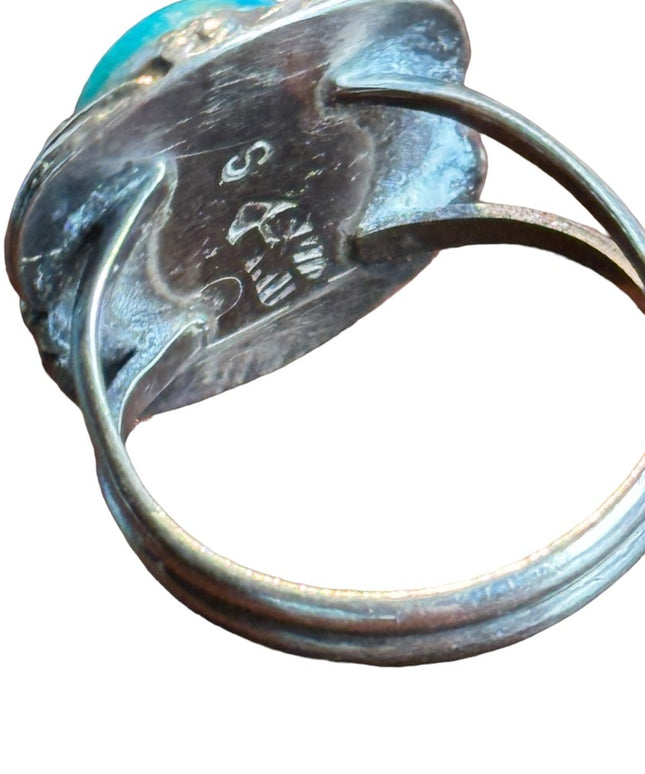 Vintage artisan Native American Southwestern turquoise sterling signed ring