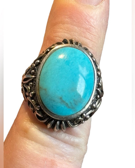 Vintage Barse sterling silver 925 ornate scrolled turquoise THAI ring