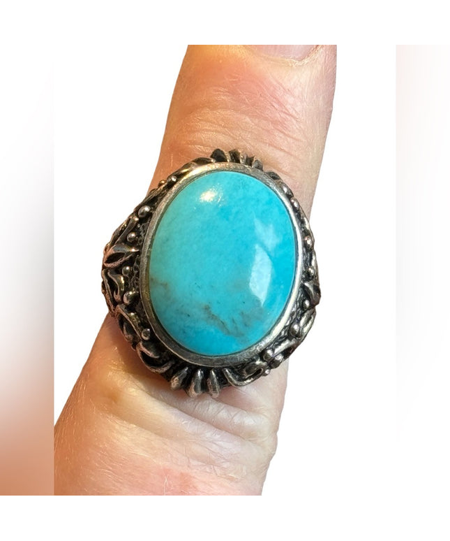 Vintage Barse sterling silver 925 ornate scrolled turquoise THAI ring