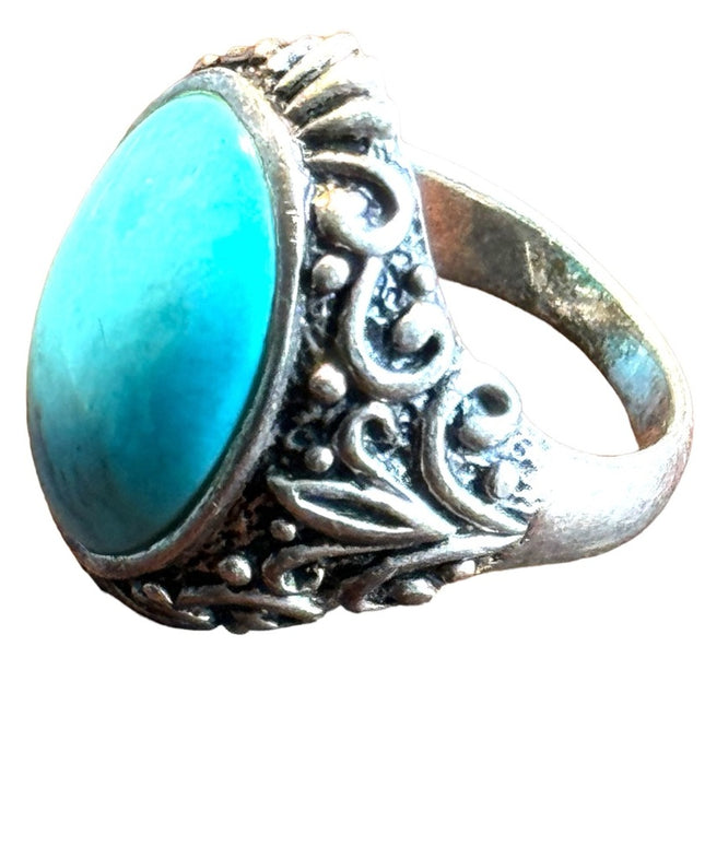Vintage Barse sterling silver 925 ornate scrolled turquoise THAI ring