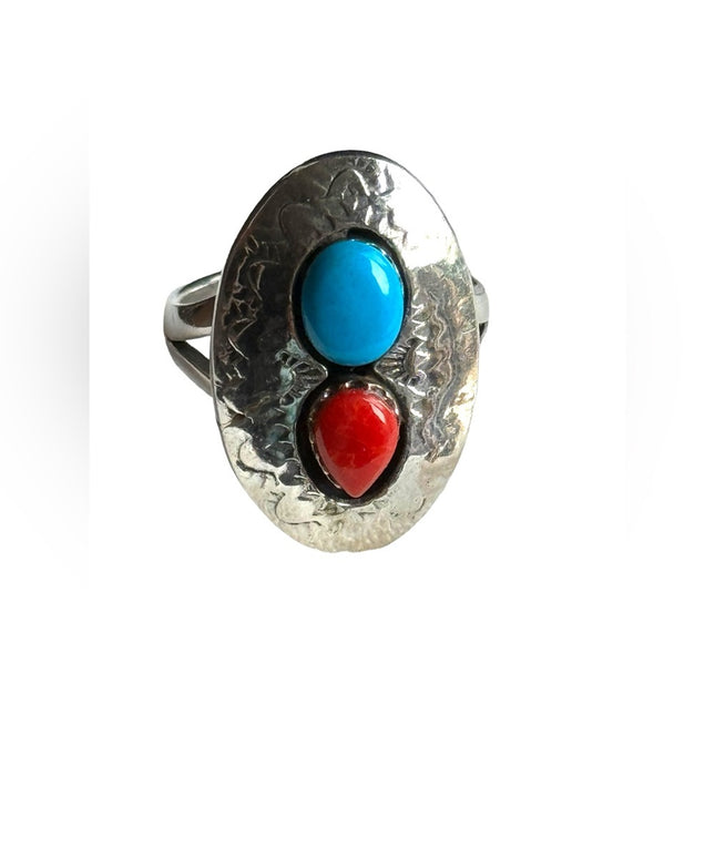 Vintage sterling silver 925 coral turquoise southwestern native american ring
