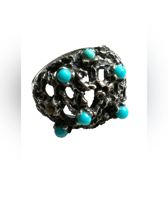 OLD vintage sterling silver modernist ring turquoise bead facets