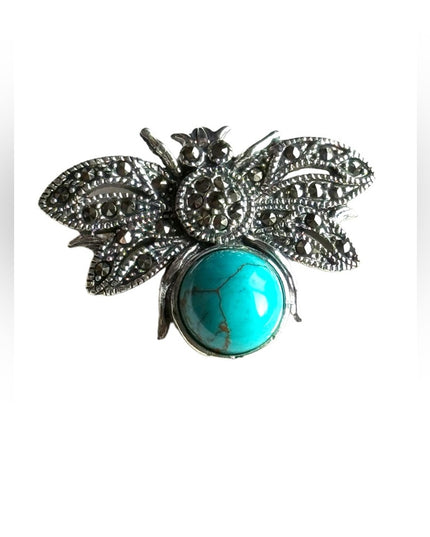 Sterling silver faux turquoise insect fly marcasite pendant southwestern style
