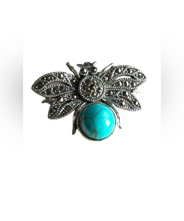 Sterling silver faux turquoise insect fly marcasite pendant southwestern style