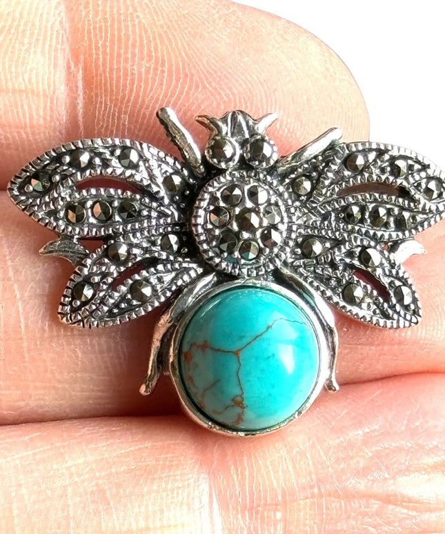 Sterling silver faux turquoise insect fly marcasite pendant southwestern style