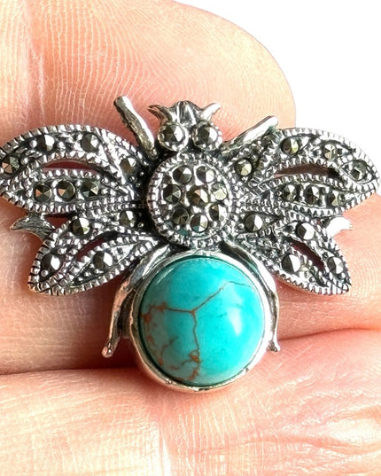 Sterling silver faux turquoise insect fly marcasite pendant southwestern style