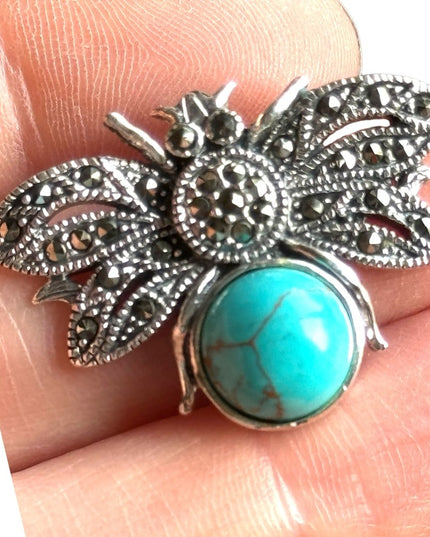 Sterling silver faux turquoise insect fly marcasite pendant southwestern style