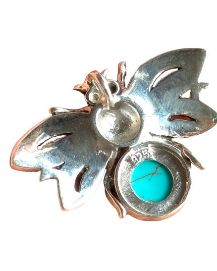 Sterling silver faux turquoise insect fly marcasite pendant southwestern style