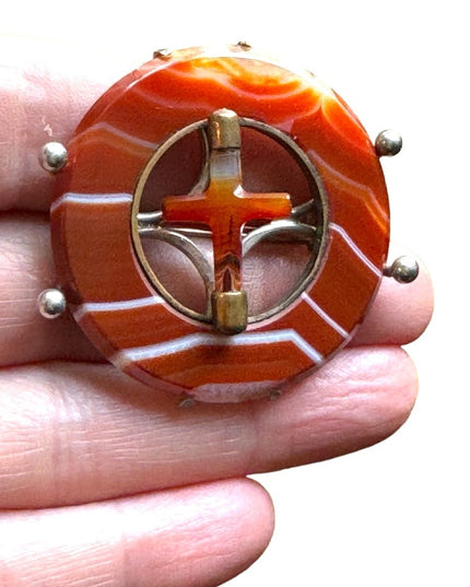 Antique GL & Co Scottish Agate Cross brooch €uro markings sterling silver 925