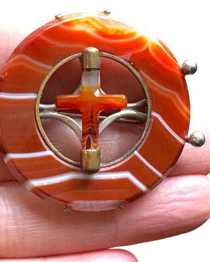 Antique GL & Co Scottish Agate Cross brooch €uro markings sterling silver 925