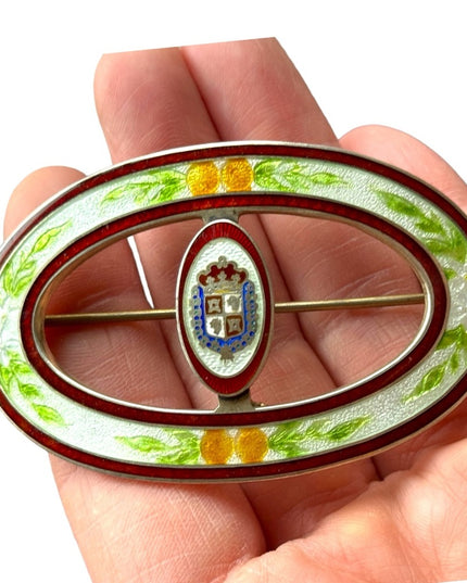 Antique Sterling Silver 925  LG Enameled Canada Leaves Coat of Arms brooch