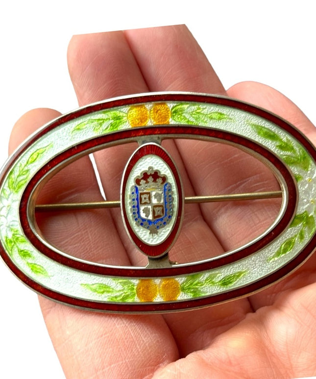 Antique Sterling Silver 925  LG Enameled Canada Leaves Coat of Arms brooch