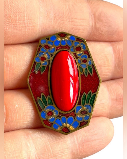Antique enameled flower cloissone red glass fancy brooch