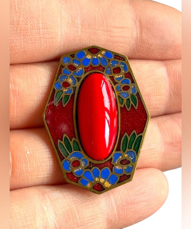 Antique enameled flower cloissone red glass fancy brooch