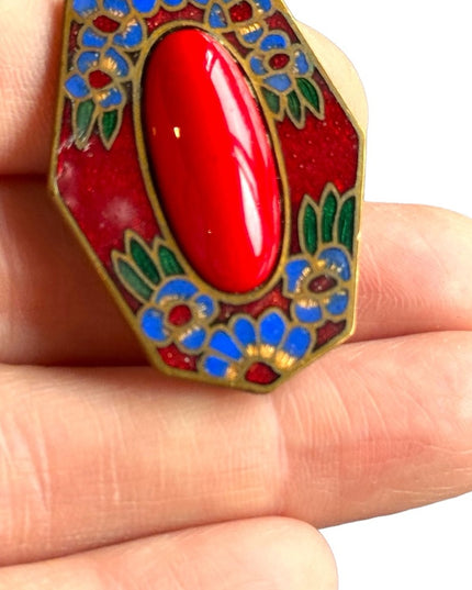 Antique enameled flower cloissone red glass fancy brooch