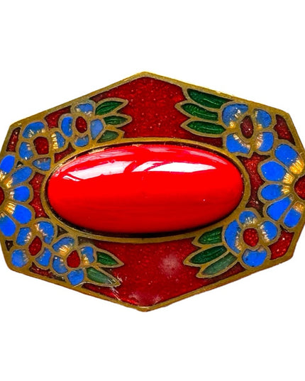 Antique enameled flower cloissone red glass fancy brooch
