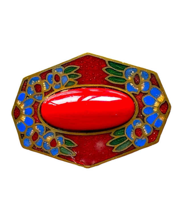Antique enameled flower cloissone red glass fancy brooch