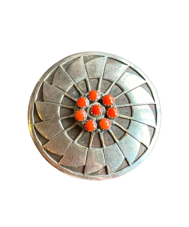 Vintage Nordic sterling silver coral round modernist brooch