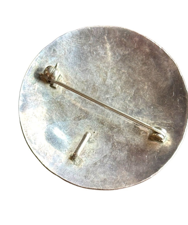 Vintage Nordic sterling silver coral round modernist brooch