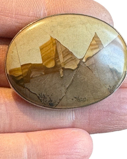 Vintage picture JASPER stone brooch silver oval