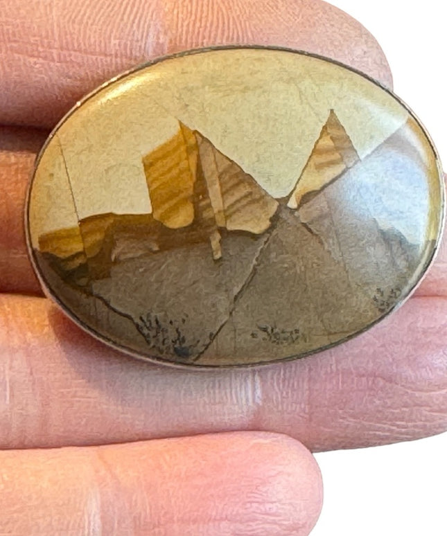 Vintage picture JASPER stone brooch silver oval