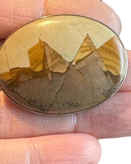 Vintage picture JASPER stone brooch silver oval