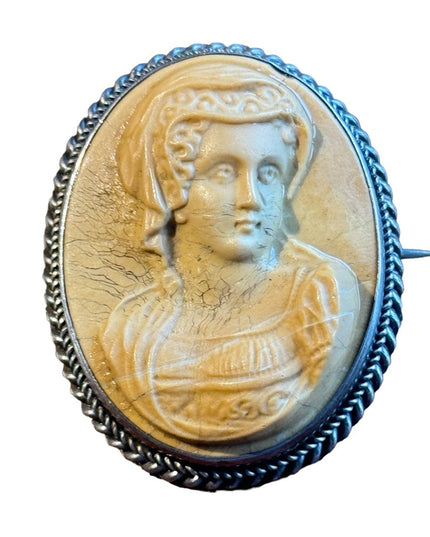 Antique silver Italy hand carved high relief Volcanic lava cameo lovely lady