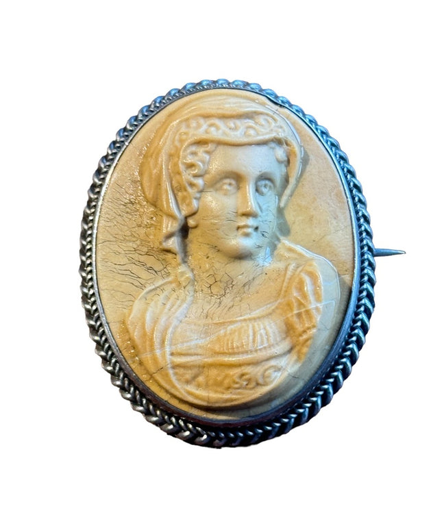 Antique silver Italy hand carved high relief Volcanic lava cameo lovely lady