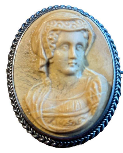 Antique silver Italy hand carved high relief Volcanic lava cameo lovely lady