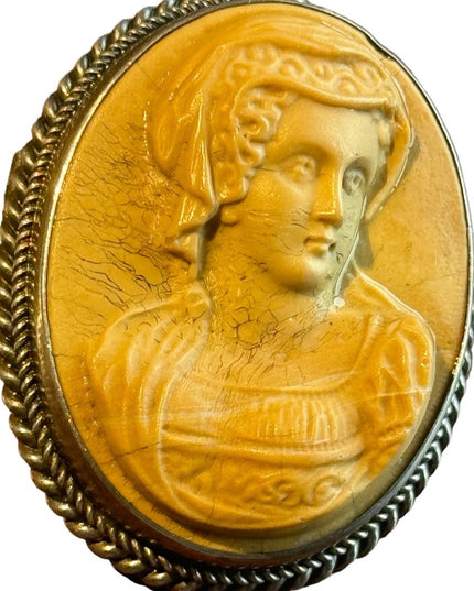 Antique silver Italy hand carved high relief Volcanic lava cameo lovely lady