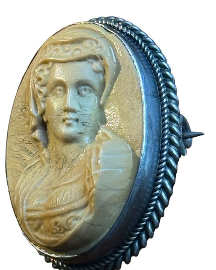 Antique silver Italy hand carved high relief Volcanic lava cameo lovely lady