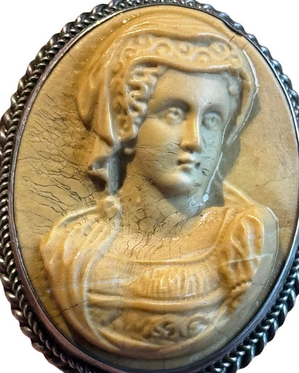 Antique silver Italy hand carved high relief Volcanic lava cameo lovely lady