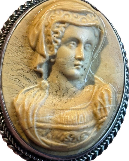 Antique silver Italy hand carved high relief Volcanic lava cameo lovely lady