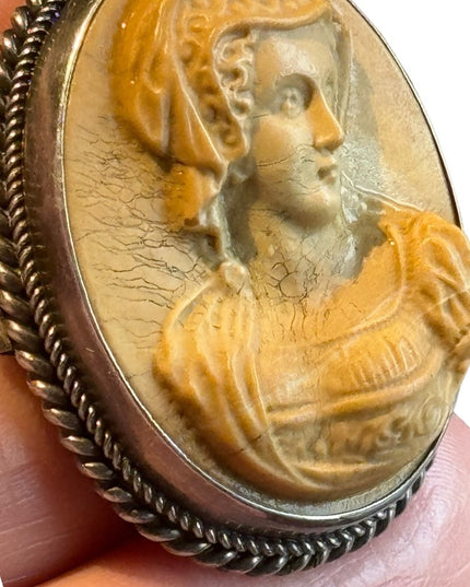 Antique silver Italy hand carved high relief Volcanic lava cameo lovely lady
