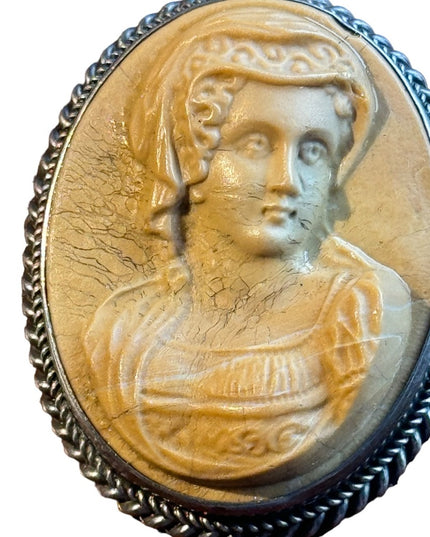 Antique silver Italy hand carved high relief Volcanic lava cameo lovely lady