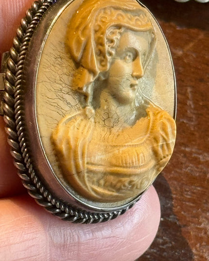 Antique silver Italy hand carved high relief Volcanic lava cameo lovely lady